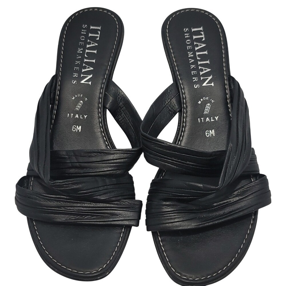 Italian Shoemakers Black Ruched Wedge Sandals Made in Italy Womens 6M Slip On